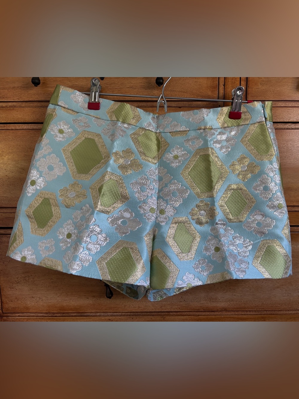 J. Crew Light Blue Brocade Floral Shorts with Green & Gold Accents